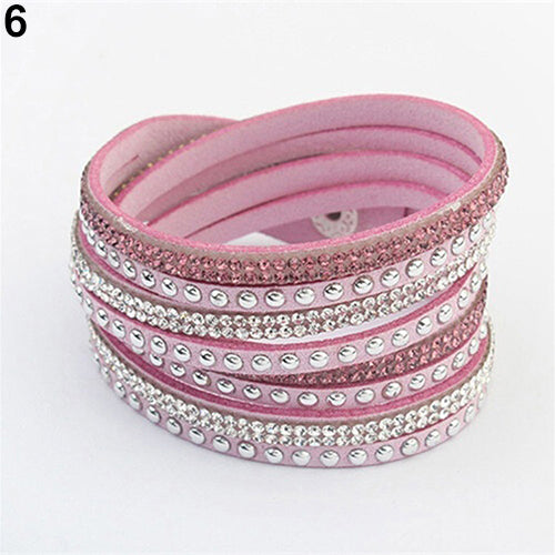 Women's Multilayer Faux Leather Punk Rhinestone Cuff Bracelet Bangle Wristband