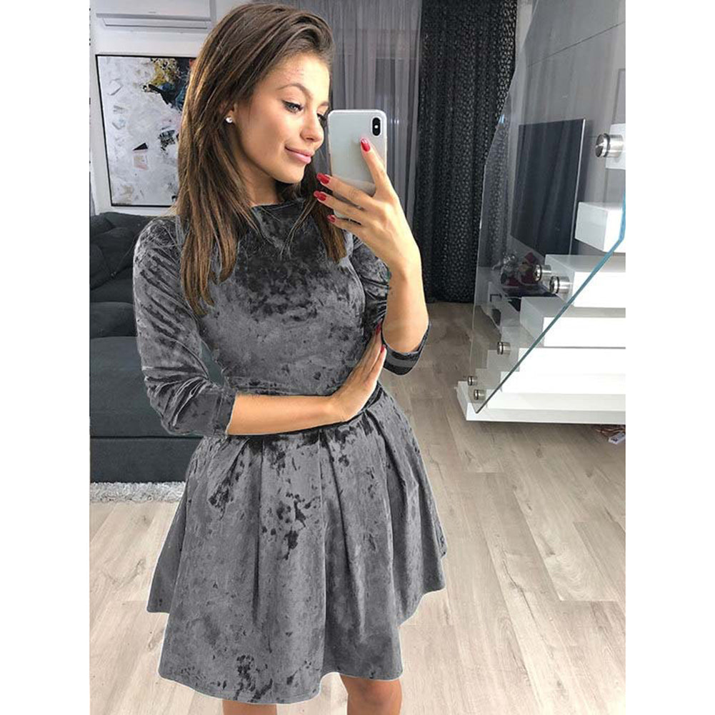 Winter Three-quarter Sleeve Evening Party Solid Color Crushed Velour Mini Dress