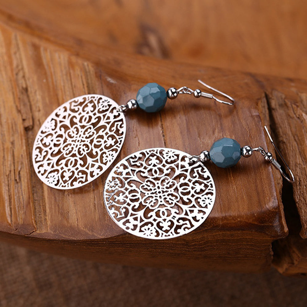 Vintage Women Hook Earrings Big Hollow Round Flower Bead Pendant Party Jewelry