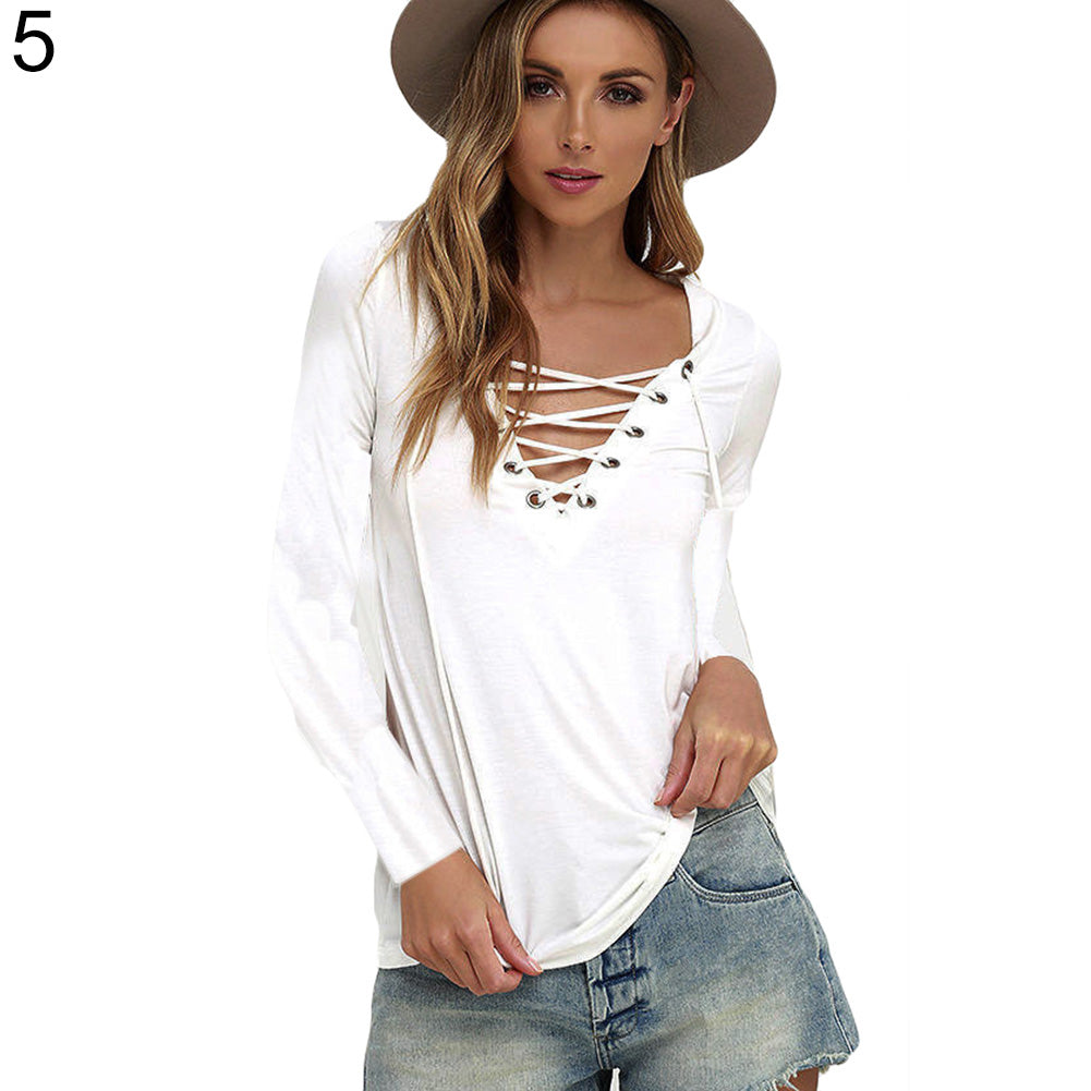 Women Sexy Plain Deep V Neck Cross Eyelet Lace Up Long Sleeve Blouse Top Shirt