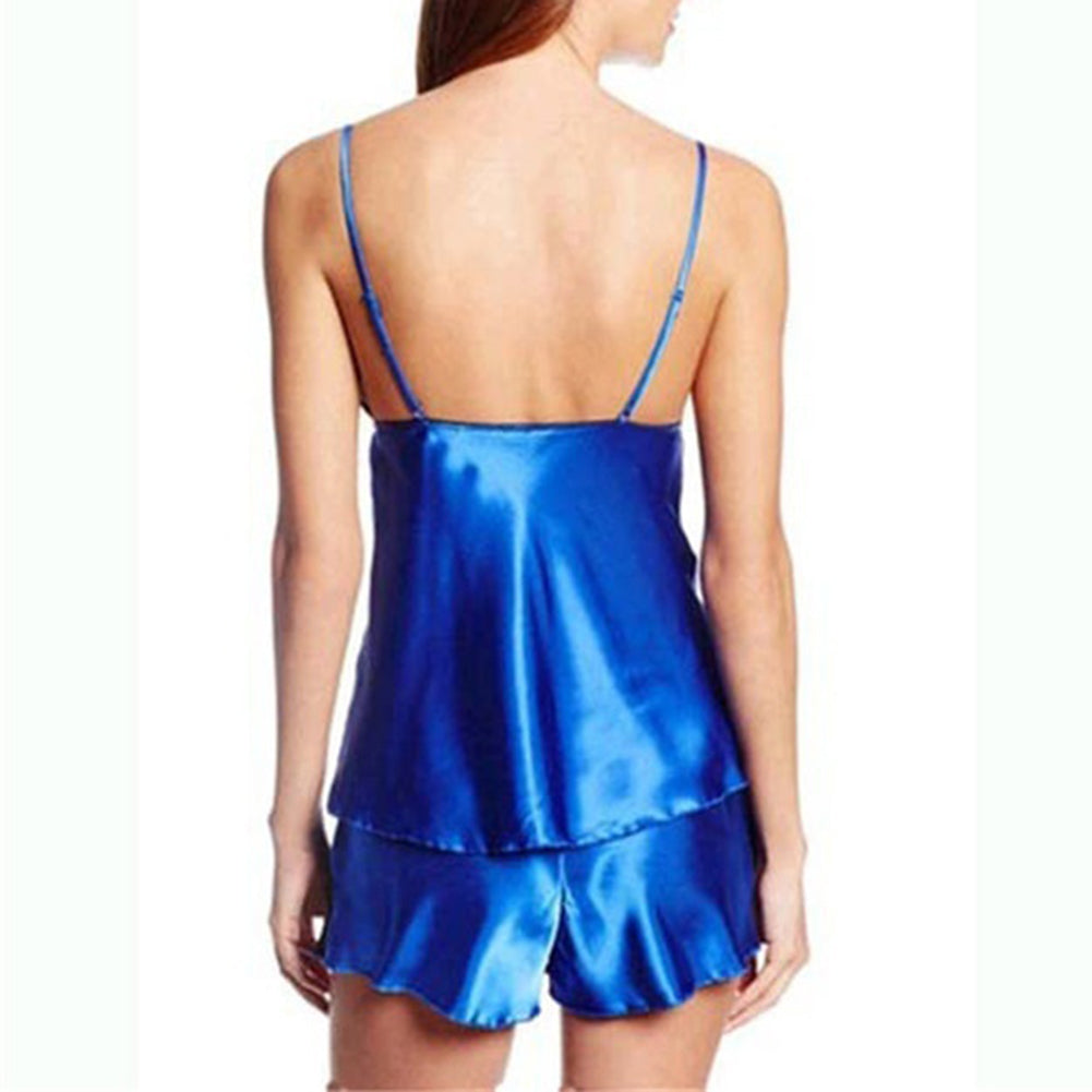 Sexy Two-piece Sleepwear Spaghetti Strap V-Neck Lace Stitching Top + Shorts