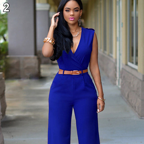 Women's Fashion Casual Deep V-Neck Sleeveless Wide Leg Jumpsuit Romper with Belt