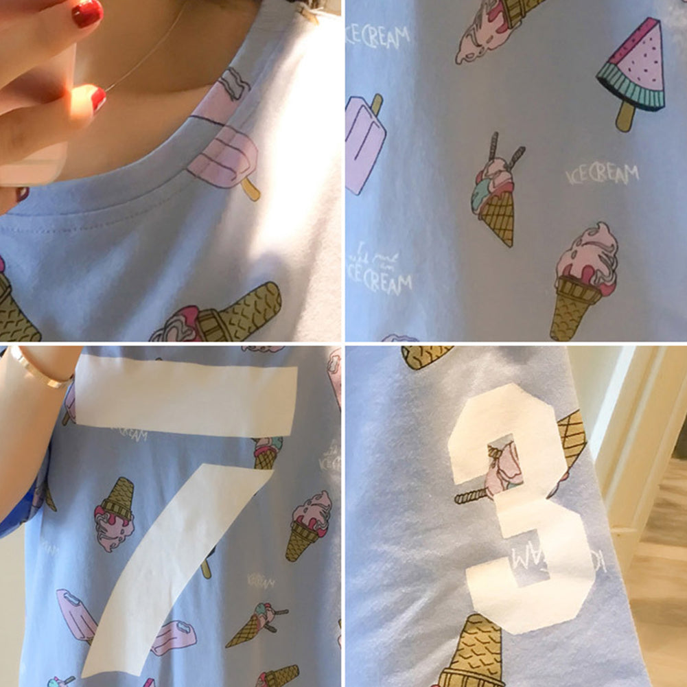 Women Cotton Short Sleeve O Neck Ice Cream Pattern Night Dress Night Sleepwear