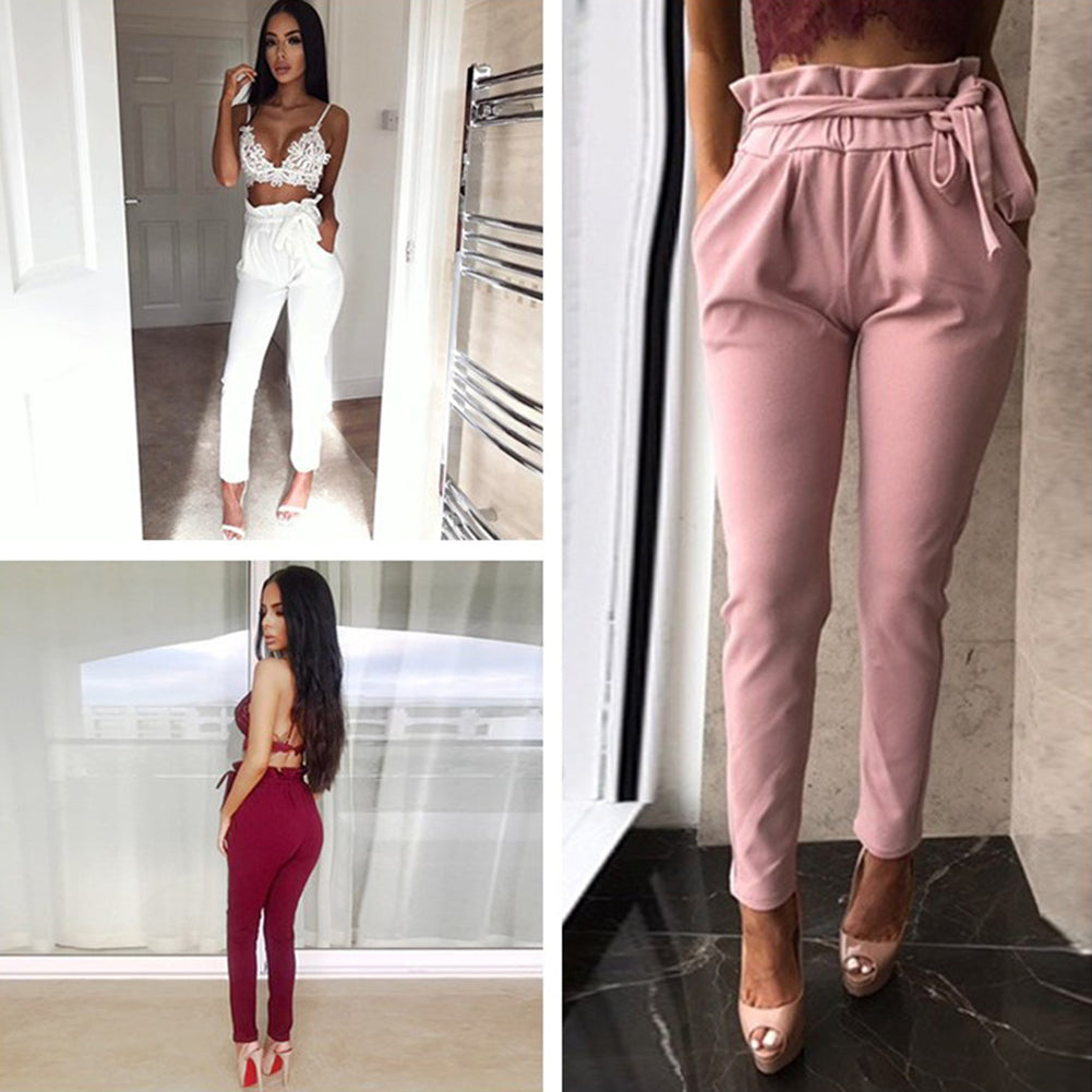 Women Casual Solid Color Trousers Waist Belt Ruffled Waist Long Pencil Pants