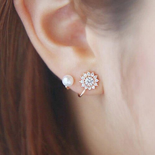 Women Sweet Rhinestone Faux Pearl Snowflake Ear Stud Earrings Jewelry Charm