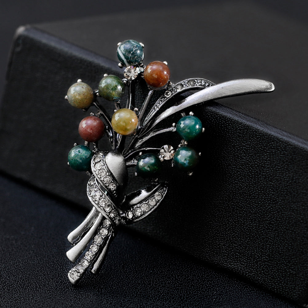 Round Stone Bead Shiny Rhinestone Flower Bouquet Style Women Brooch Pin Jewelry