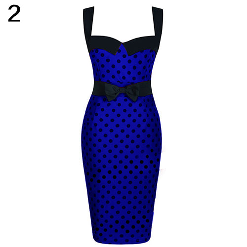 Women Summer Vintage Sexy Polka Dots Sleeveless Bodycon Bowknot Pencil Dress