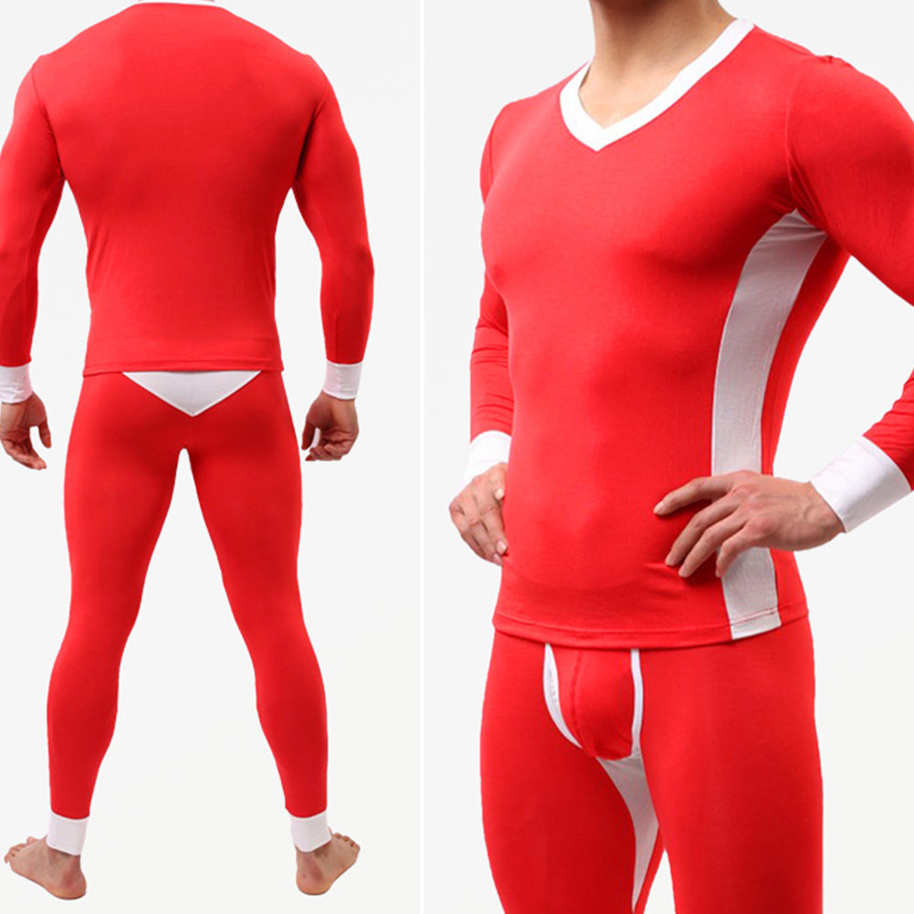 Winter Men Ultra Soft Color Block Thermal Underwear Set Top T-Shirt + Long Pants