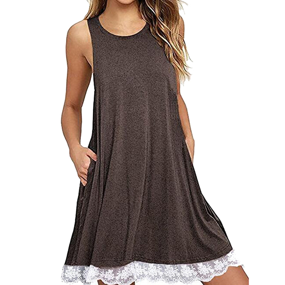 Women's Sleeveless Casual Loose Lace Stitching Trim Summer Fashion Dress Gift