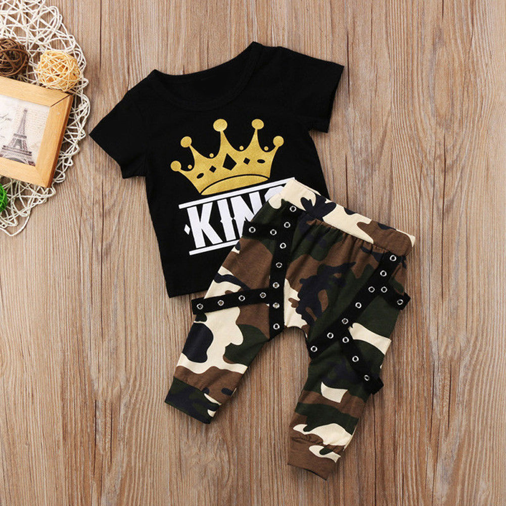 Newborn Kids Baby Boys King Crown Print T-Shirt Top Camo Pants Summer Outfit Set