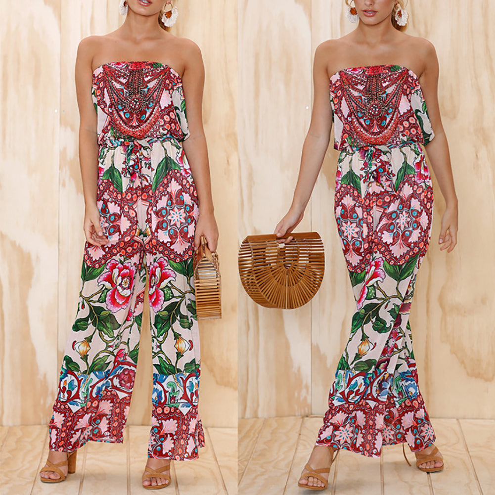 Women Summer Fashion Flower Strapless Jumpsuit Long Wide Leg Romper Pants