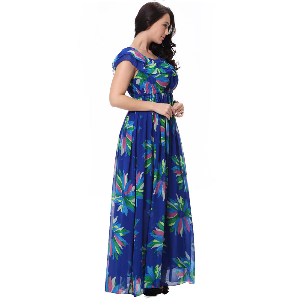 Women's Fashion Summer Chiffon Sleeveless Big Swing Floral Print Long Maxi Dress