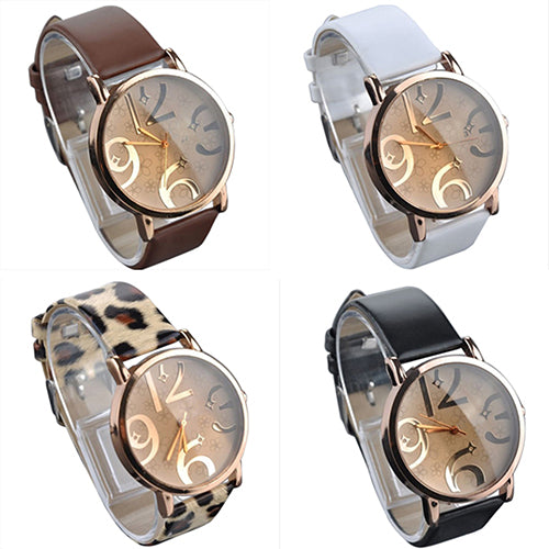 Women's Casual Flowers Big Numbers Dial Faux Leather Strap Quartz Wrist Watch