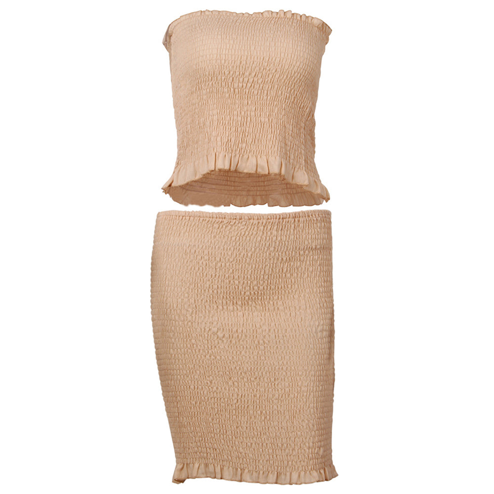 Summer Sexy Ruffled Strapless Crop Top Bodycon Women Mini Skirt Two-piece Set