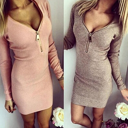 Women's Sexy Zip V Neck Long Sleeve Winter Bodycon Party Slim Short Mini Dress