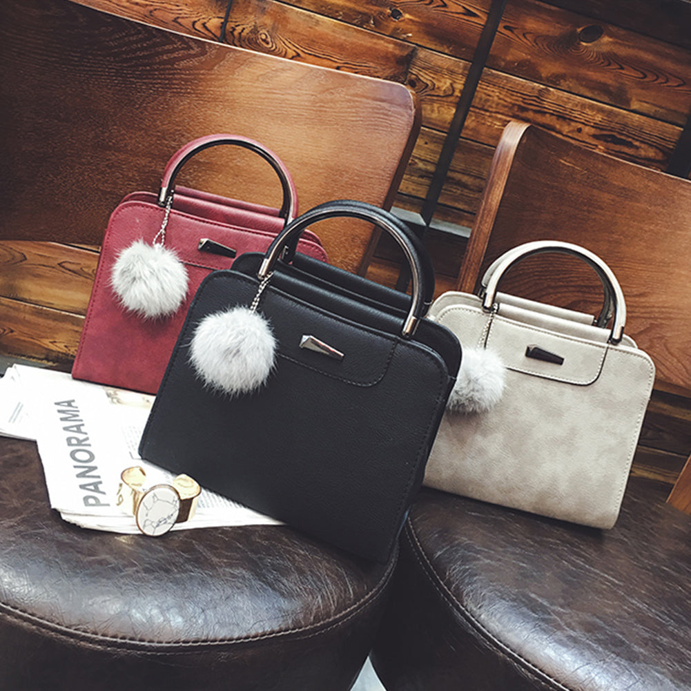 Fashion Women Plush Ball Faux Leather Shoulder Bag Tote Purse Crossbody  Handbag