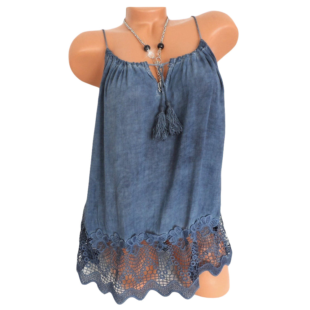 Women Summer Lace Solid Color Sleeveless Spaghetti Strap Tank Top Vest Blouse