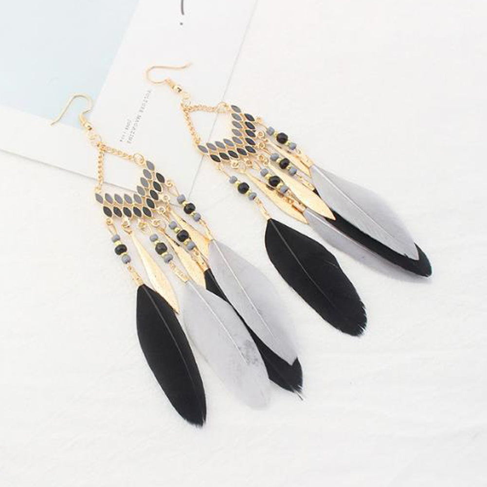 Women Feather Dangle Bohemian Ethnic Tassels Beads Drop Hook Earrings Jewelry