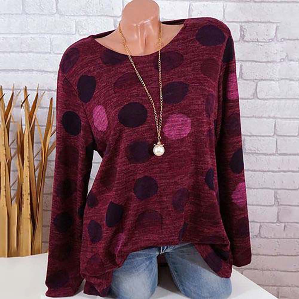 Fashion Dot Printed Round Neck Long Sleeve Women Casual Pullover T-shirt Top