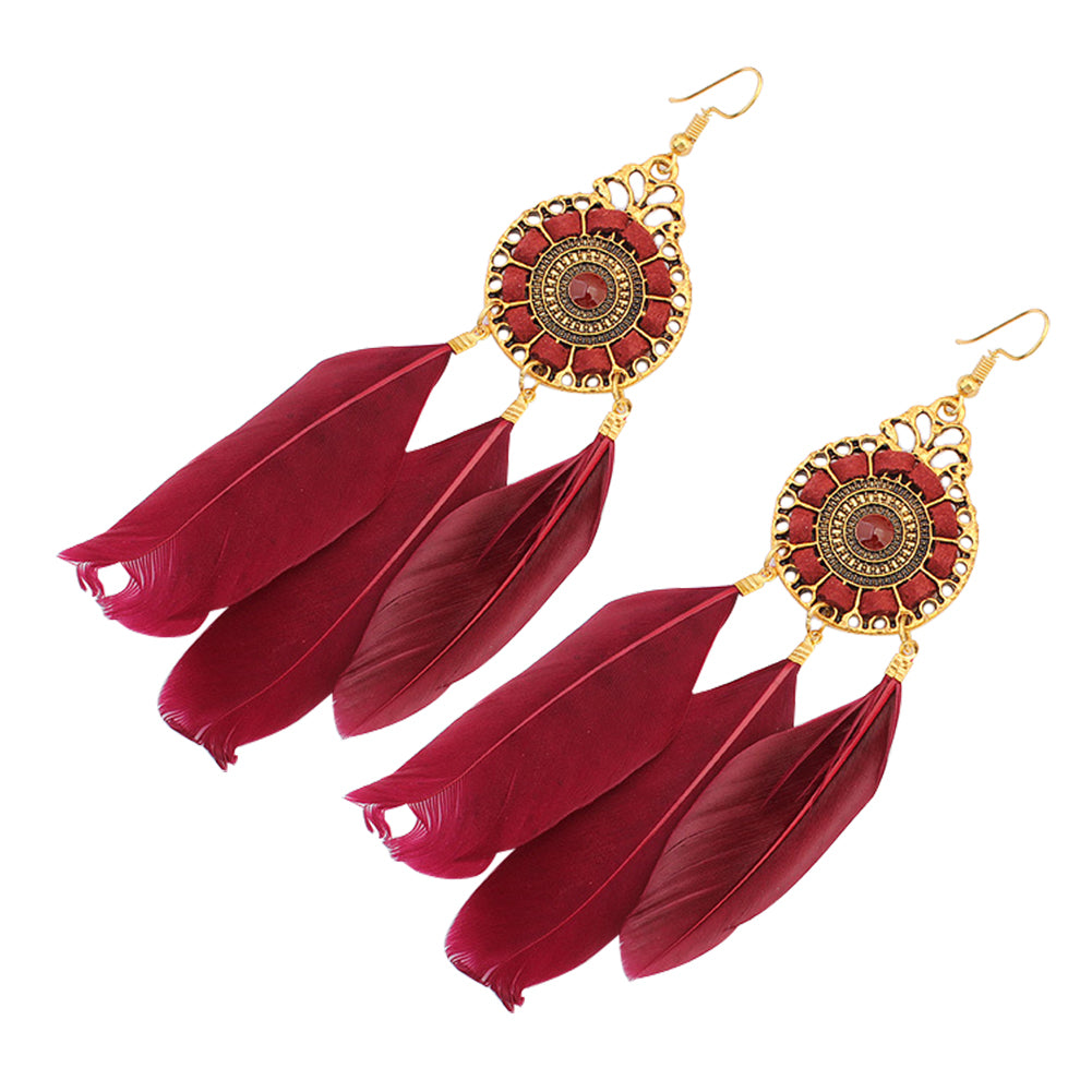 Vintage Women Long Feather Round Hollow Circle Hook Earrings Party Jewelry Gift