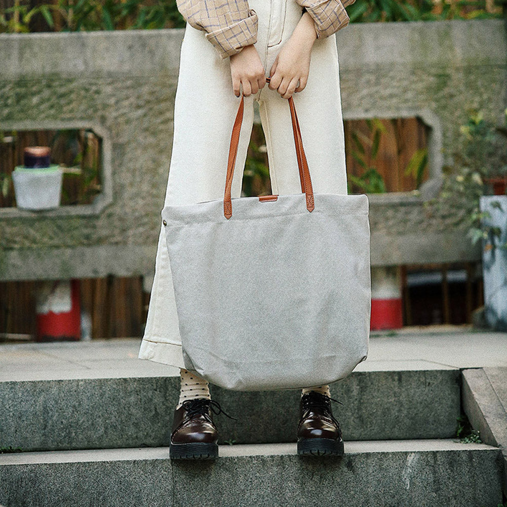 Faux Leather Strap Canvas Bag Shopping Travel Large Capacity Shoulder Handbag