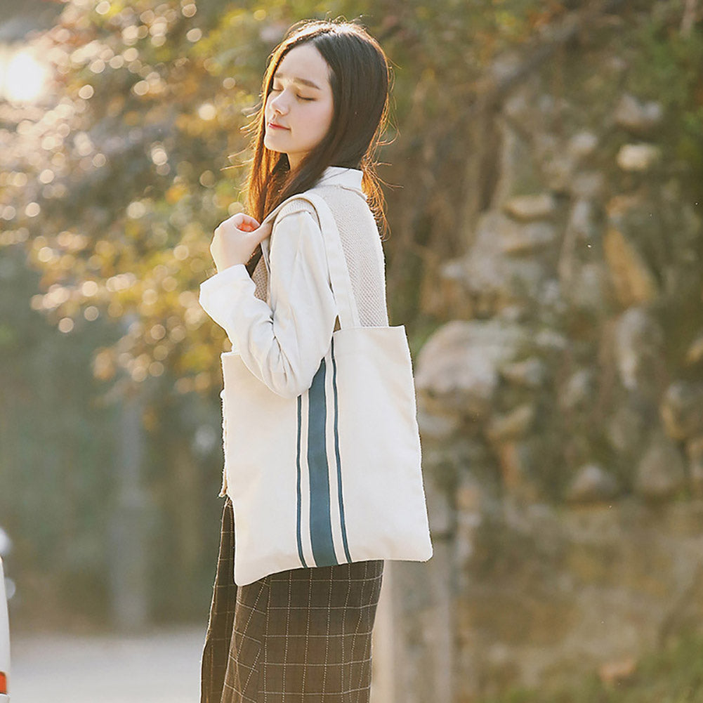 Stripe Print Minimalism Tote Canvas Handbag Women Shoulder Bag Shopping Pouch