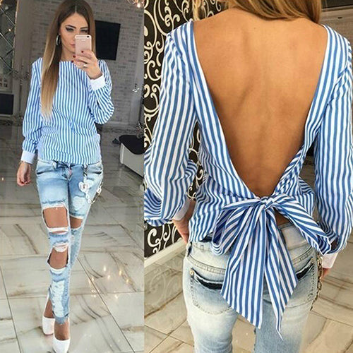 Women's Sexy Bowknot Backless Striped Slim Blouse Shirt Long Sleeve O Neck Top