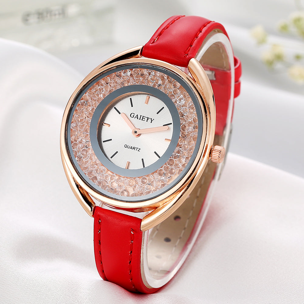 Luxury Dazzling Rhinestone Faux Leather Quartz Analog Watch Women Wristwatch