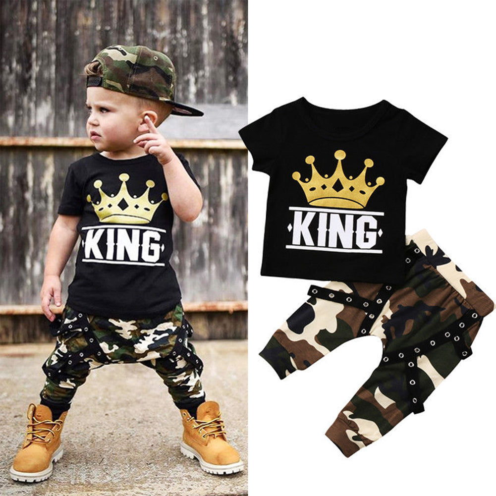 Newborn Kids Baby Boys King Crown Print T-Shirt Top Camo Pants Summer Outfit Set