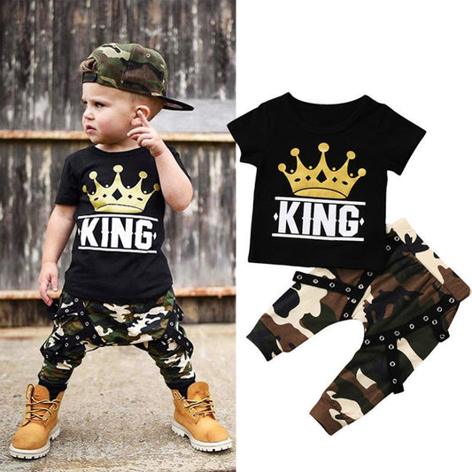 Newborn Kids Baby Boys King Crown Print T-Shirt Top Camo Pants Summer Outfit Set