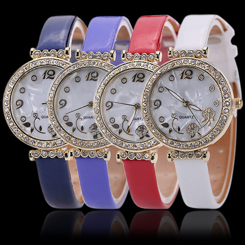 Women's Flower Rhinestone Watch Fine Faux Leather Strap Quartz Gift Wristwatch