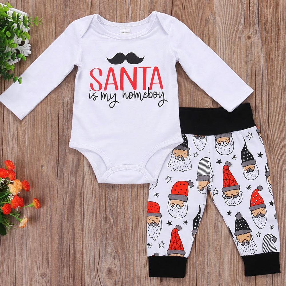 Baby Toddler Boys Girls Christmas Santa Print Cotton Clothes Set Romper + Pants