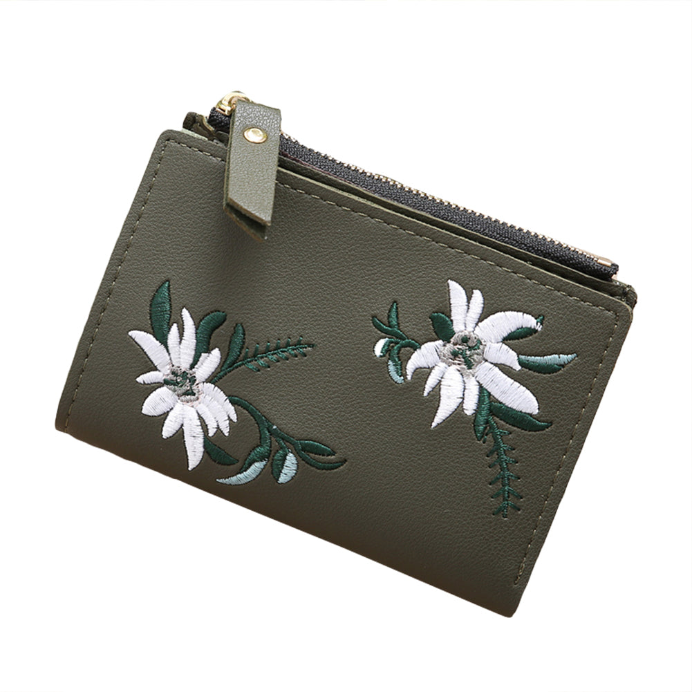 Embroidery Flower Faux Leather Women Girl Coin Purse Card Holder Short Wallet