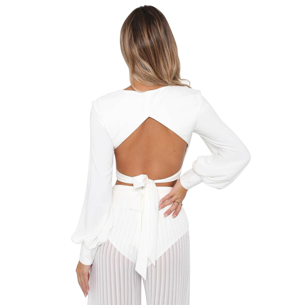 Fashion Women Solid Color Long Sleeve Summer Backless Bandage Crop Top Blouse