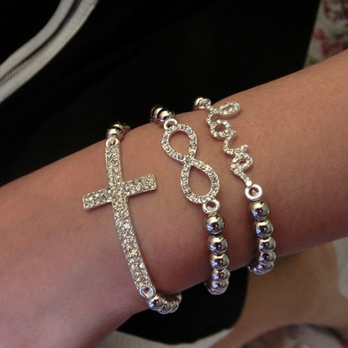 Fashion Women Rhinestone Beaded Cross Love Infinity Stretch Bracelet Chain Gift
