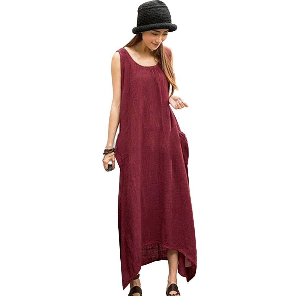 Boho Plus Size Sleeveless Casual Loose Solid Color Irregular Hem Long Maxi Dress