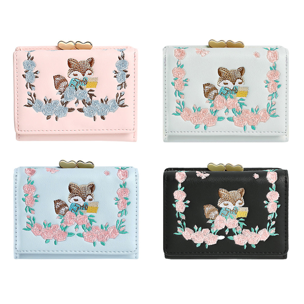Lovely Faux Leather Little Fox Floral Embroidery Short Wallet Women Purse Gift