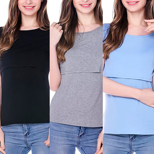 Women Summer Solid Cotton Maternity Nursing Breastfeeding T-shirt Top Clothes