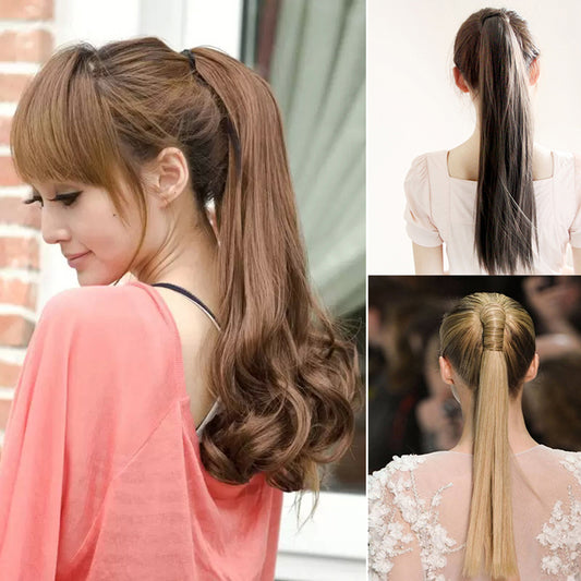 Long Straight Curly Ponytail Hair Extension Wrap Around Ribbon Clip-in Hairpiece