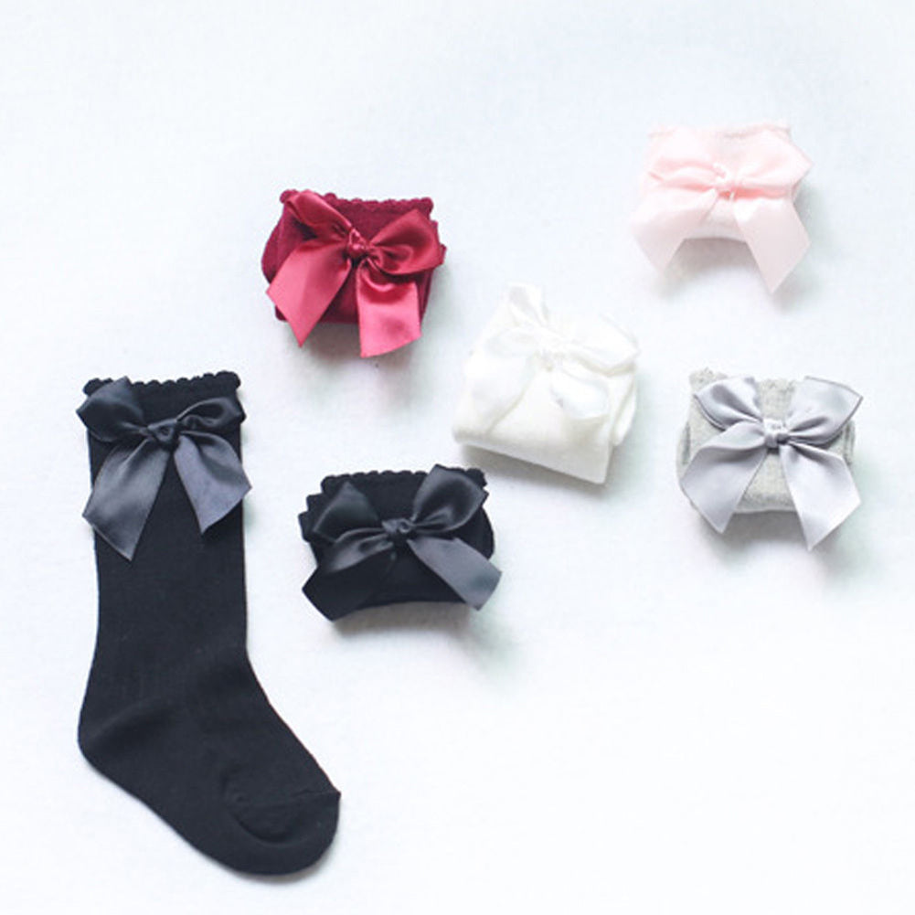 Toddler Baby Girls Bowknot Knee High Sweet Solid Color Cotton Princess Socks