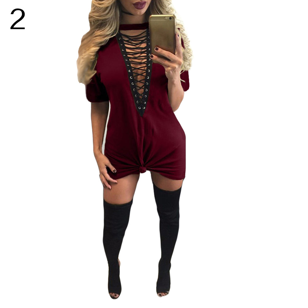 Lady Sexy Cross Lace Up V Neck Casual Short Sleeve Choker T-Shirt Top Dress