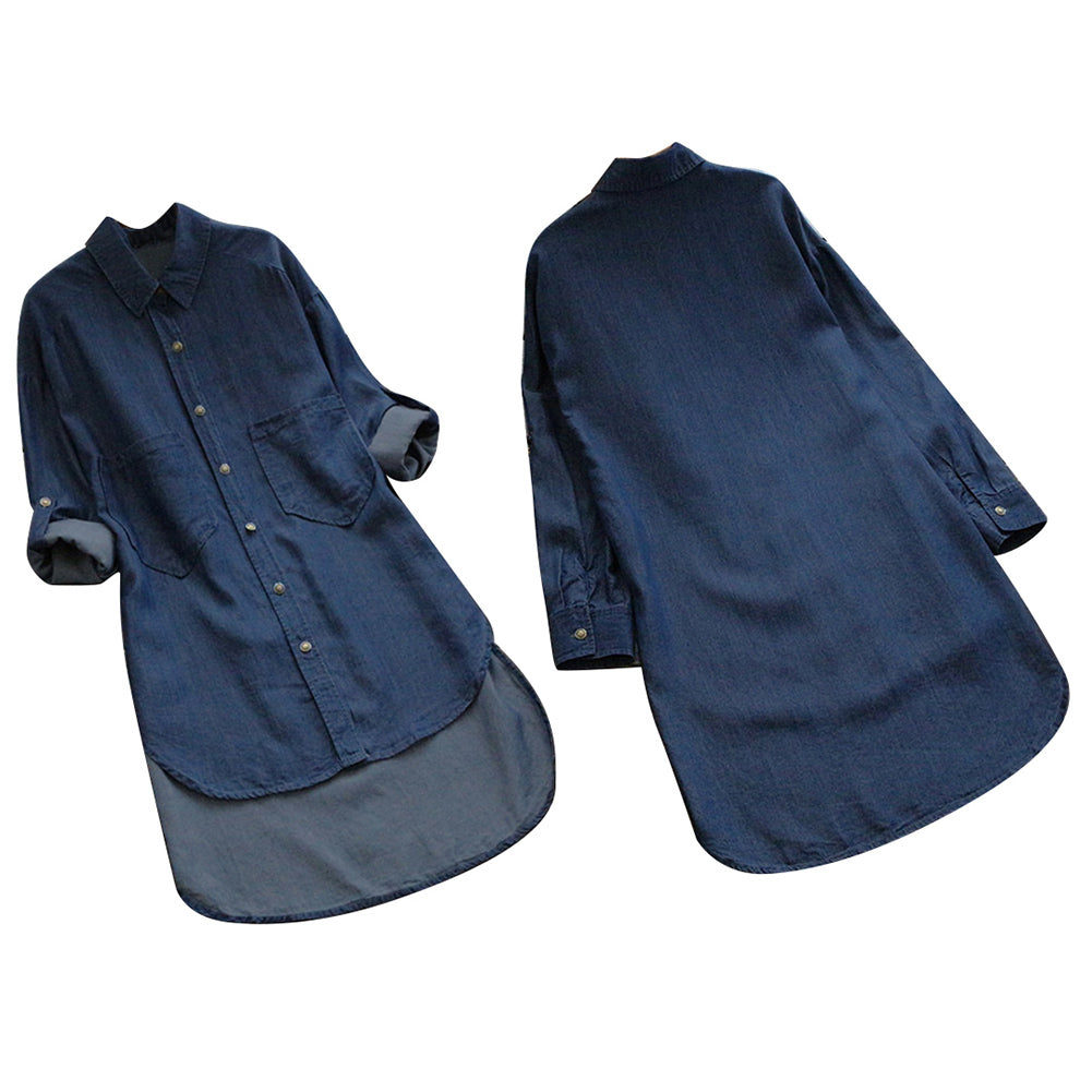 Solid Color Adjustable Long Sleeve Women's Casual Irregular Denim Shirt Top