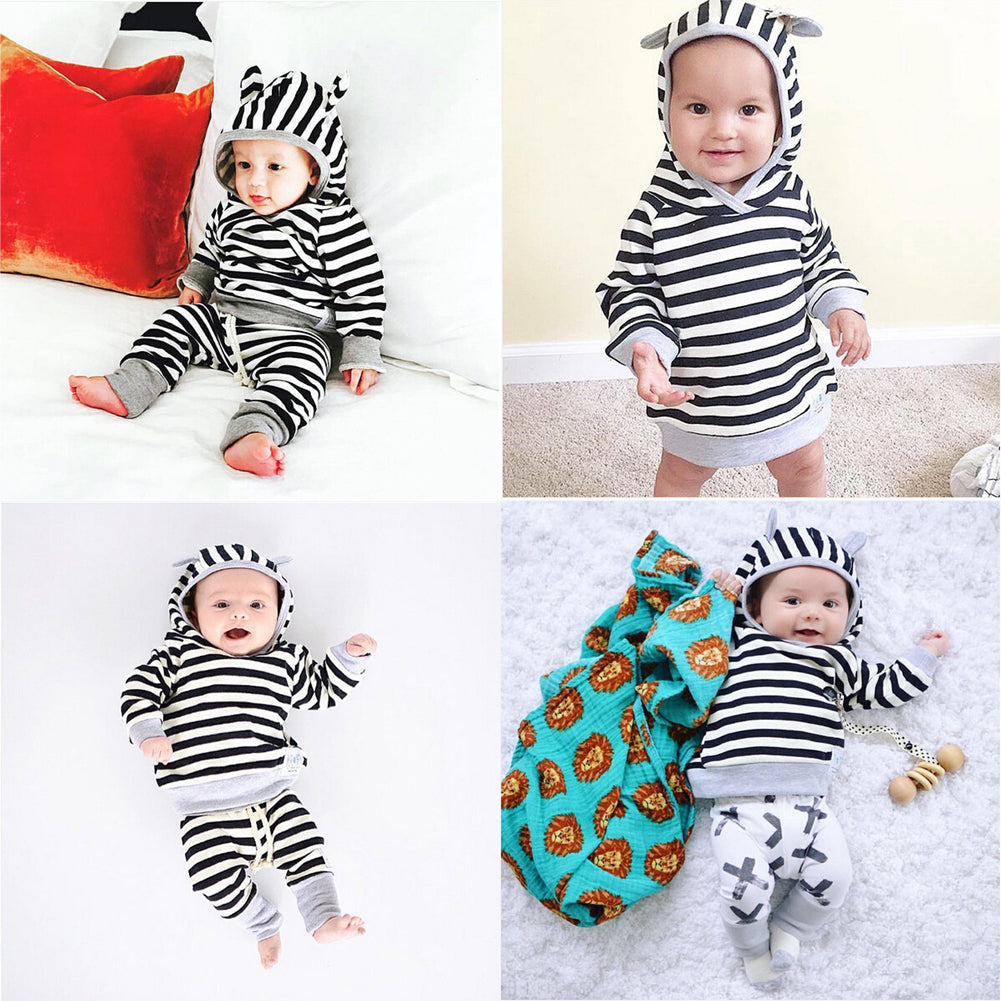 Newborn Baby Boys Girls Outfit Striped Hooded Top Long Sleeve T-Shirt + Pants
