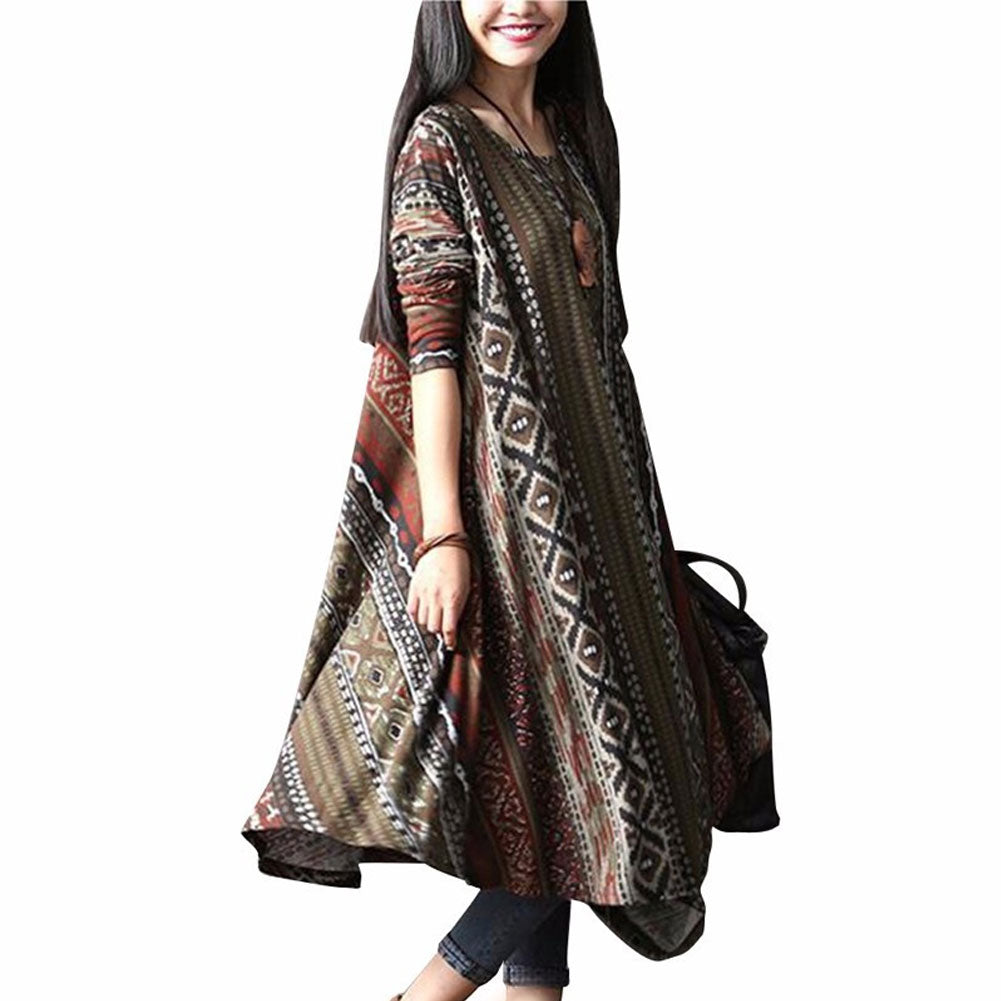 Retro Printed Round Neck Long Sleeve Irregular Women's Casual Loose Long Dress