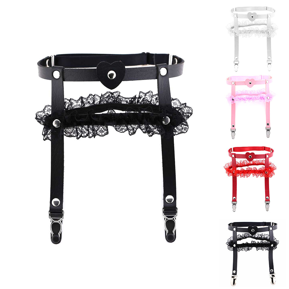 Punk Sexy Love Heart Faux Leather Foot Leg Clips Lace Hem Off Socks Garter