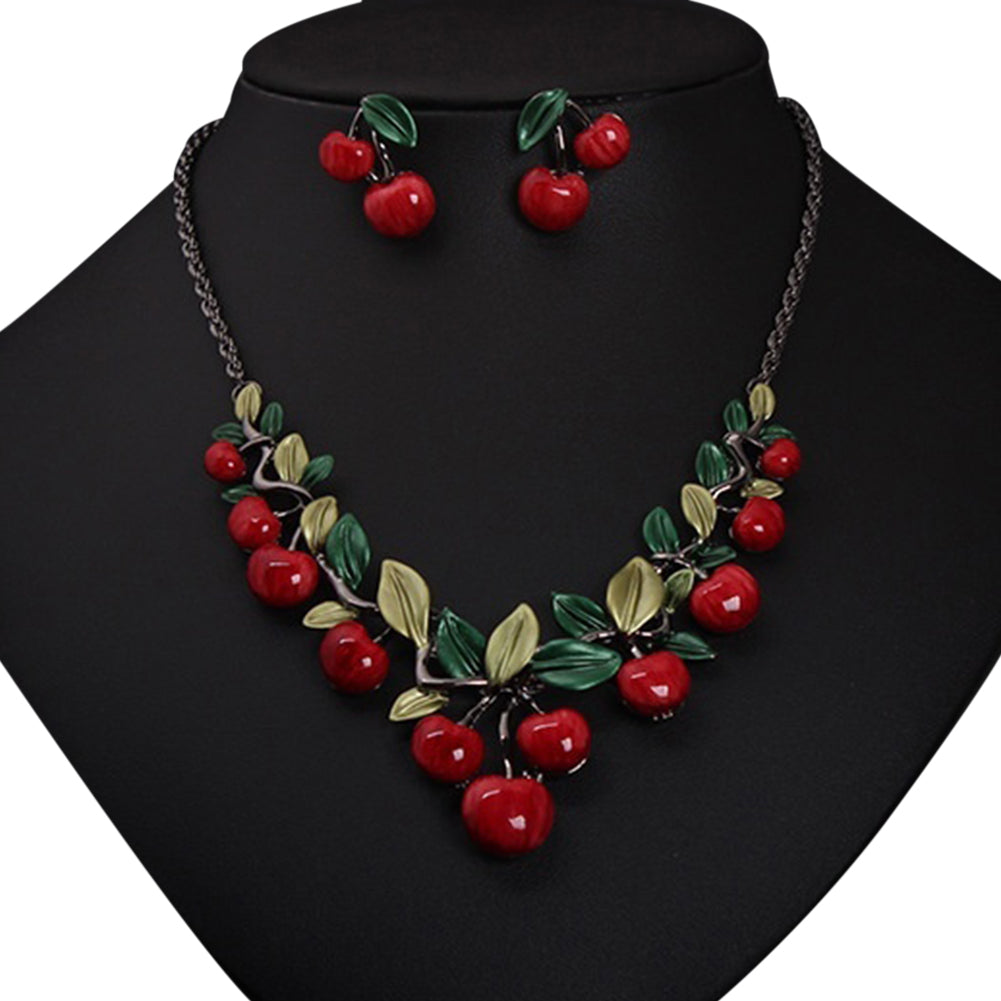 1 Set Vintage Red Cherry Fruit Jewelry Set Chic Bridal Necklace Earrings