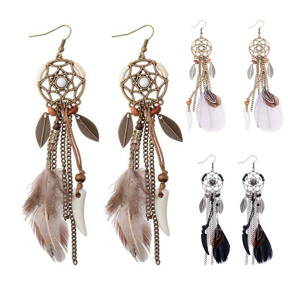 Retro Hollowed Star Feather Leaves Tassels Hook Earrings Women Ear Charm Decor
