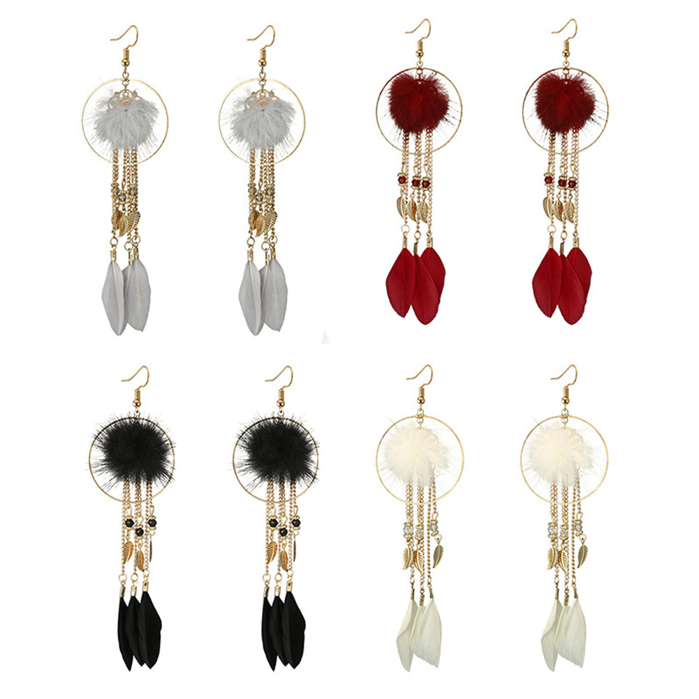 Women Hook Earrings Fur Ball Leaf Fringed Big Ring Long Pendant Feather Jewelry