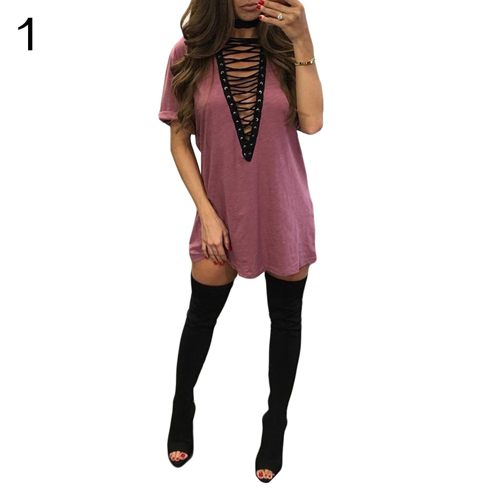 Lady Sexy Cross Lace Up V Neck Casual Short Sleeve Choker T-Shirt Top Dress