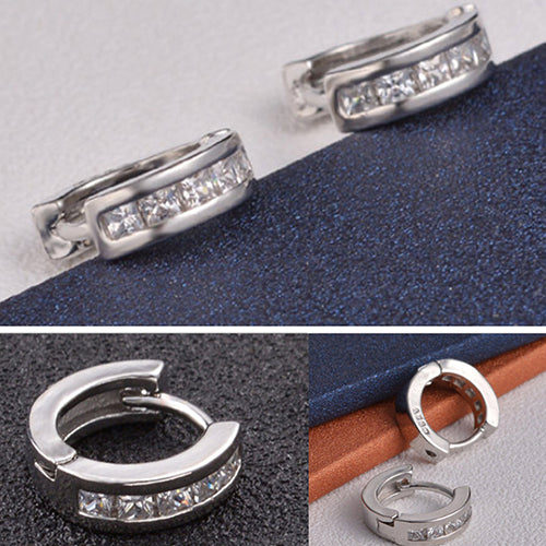 Silver Plated Shiny Rhinestones Inlaid Ear Studs Hoop Huggie Earrings Jewelry